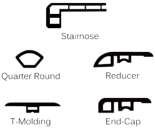 Nosing types: Stairnose, Quarter round, Reducer, T-molding, End-cap